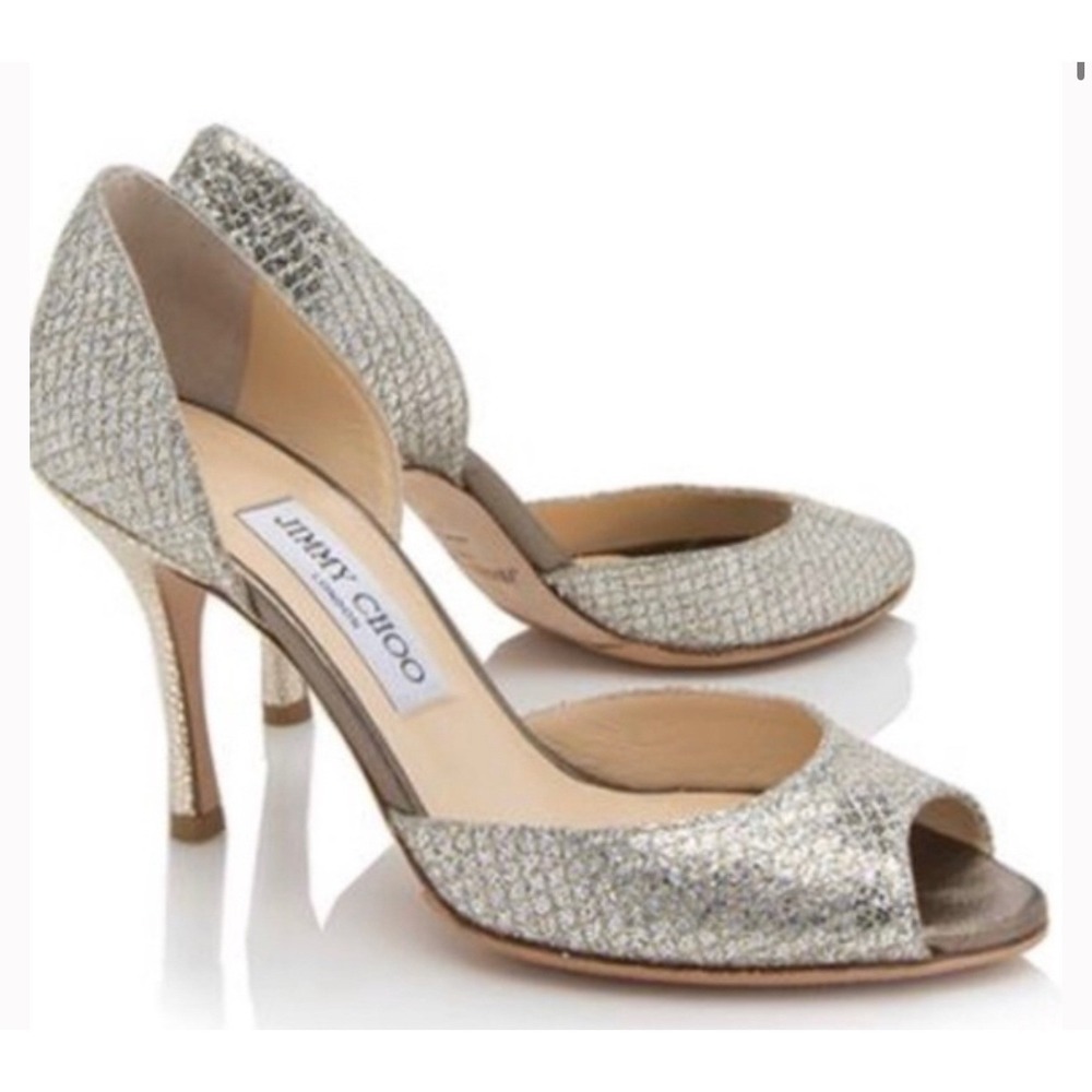 Jimmy Choo Peep Toe Pumps Womens 39.5 Silver Good Glitter d'Orsay Stiletto Heel